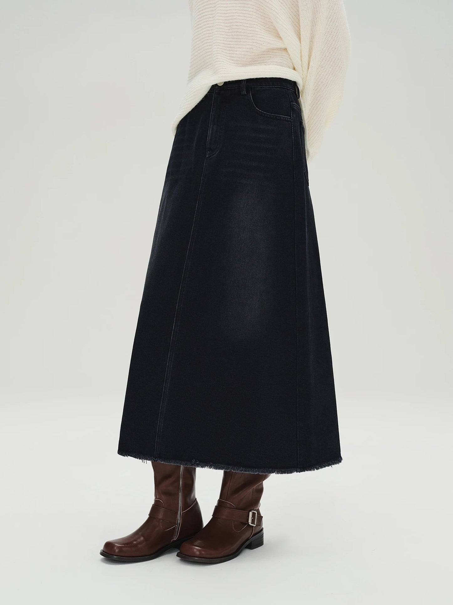 Black Denim Skirt High Waist Slimming Long Midi Skirt