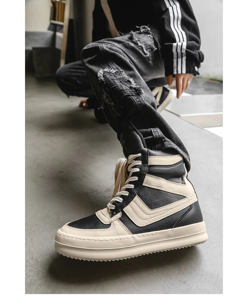 Men's High-Top Leather Sneakers - Lace-Up Ankle Boots