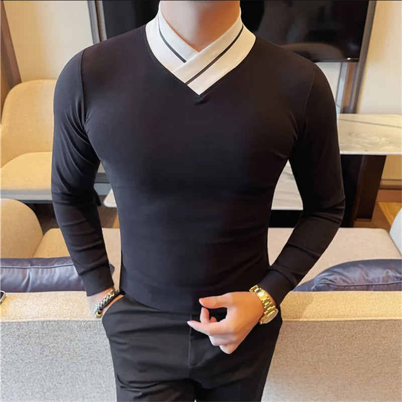 Men's Patchwork Mock Neck Long Sleeve T-Shirt