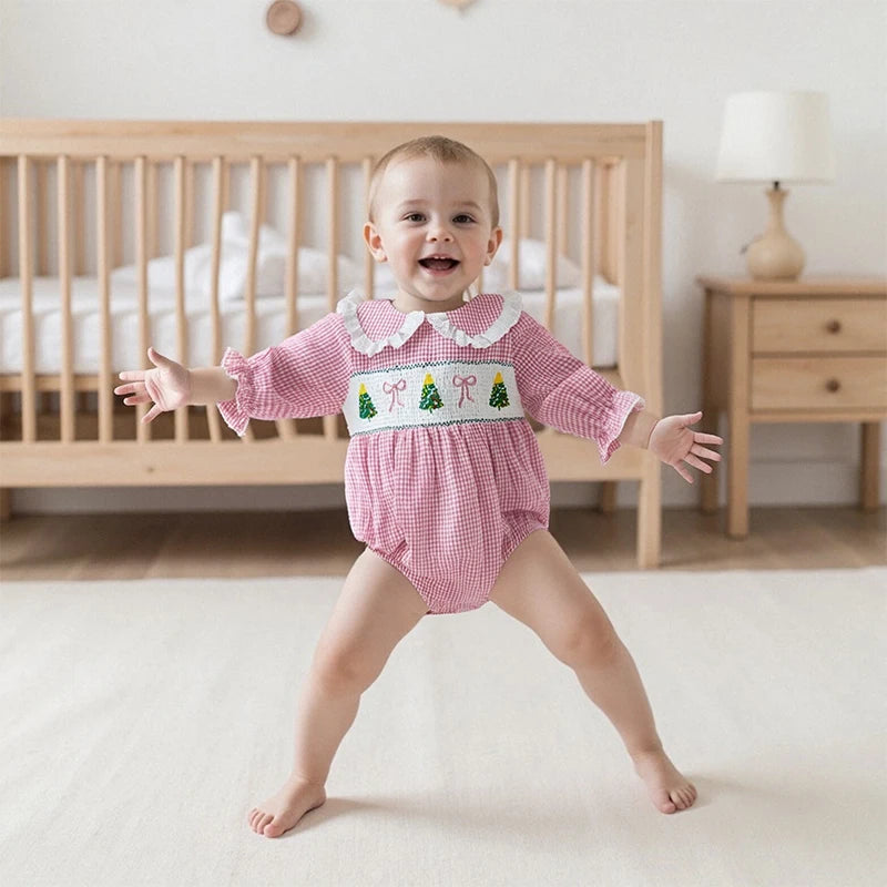 Baby Plaid Print Romper - Long Sleeve Bow Embroidery Doll Collar Jumpsuit