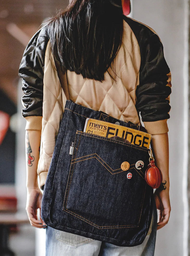 Women's Workwear American Retro Shoulder Crossbody Denim Embroidery Large Capacity Portable Flat Tote Bag