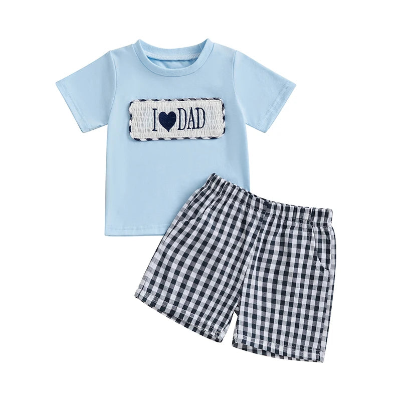 Baby Boys' Father's Day Outfit Set - Letter Heart Embroidery T-Shirt & Plaid Shorts 2pcs