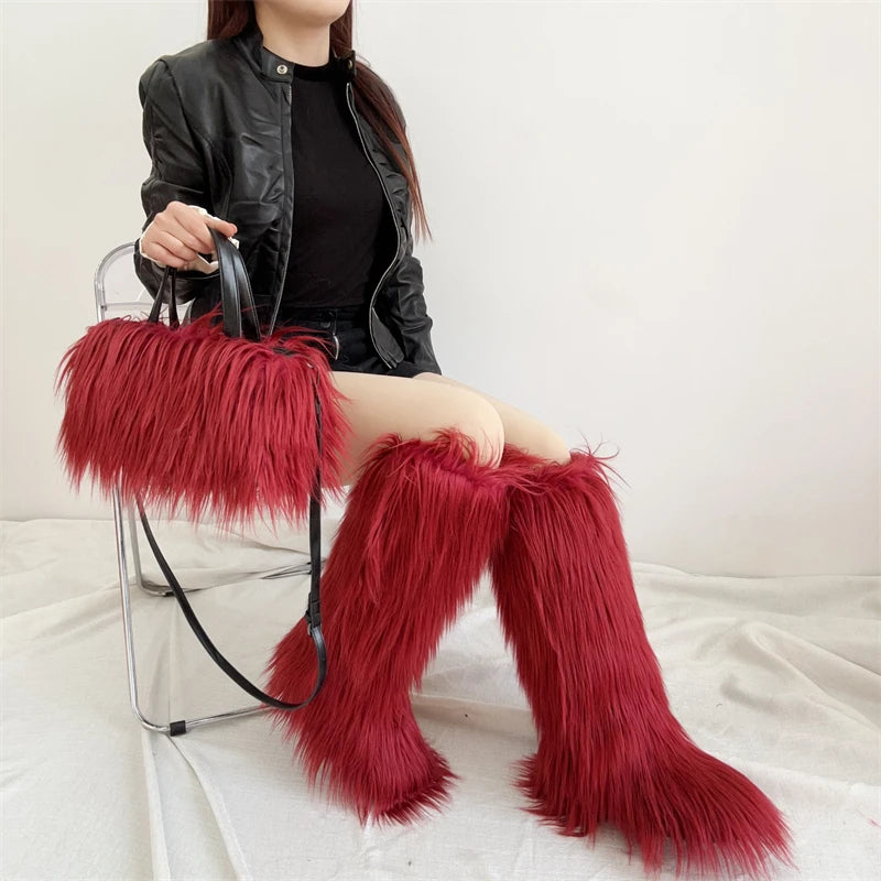 Winter Women Faux Fur Boots And Bag Set - Fluffy Warm Snow Boots Cute Tote Fur Handbag and Platform Plush Boots