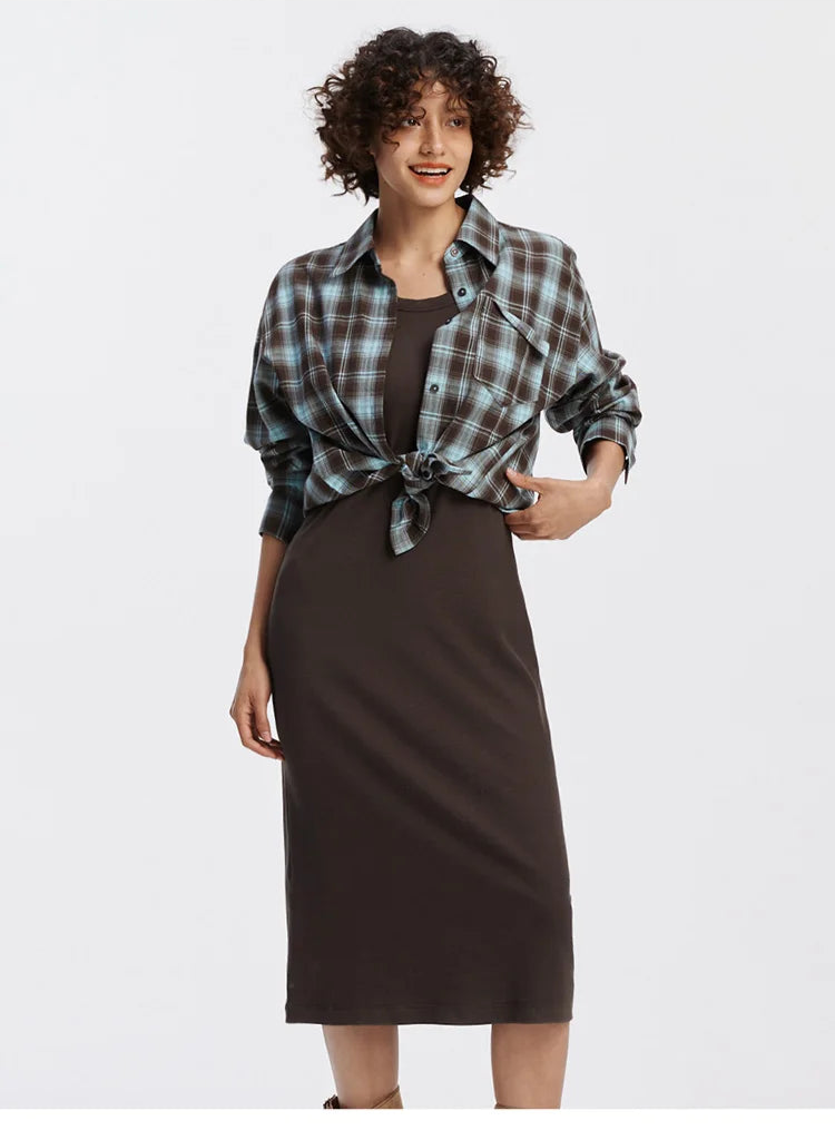U-Neck Vest Dress & Checkered Shirt Set - Vintage Two Piece Autumn Outfit