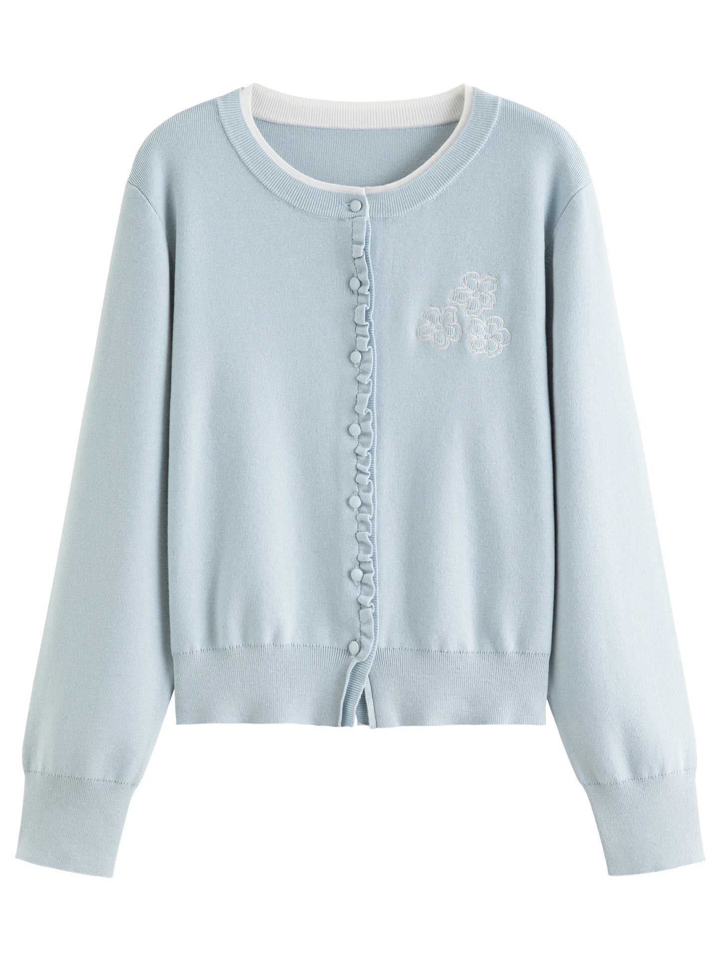 Floral Embroidered Knit Cardigan - Ruffle Trim Loose Fit Cardigan