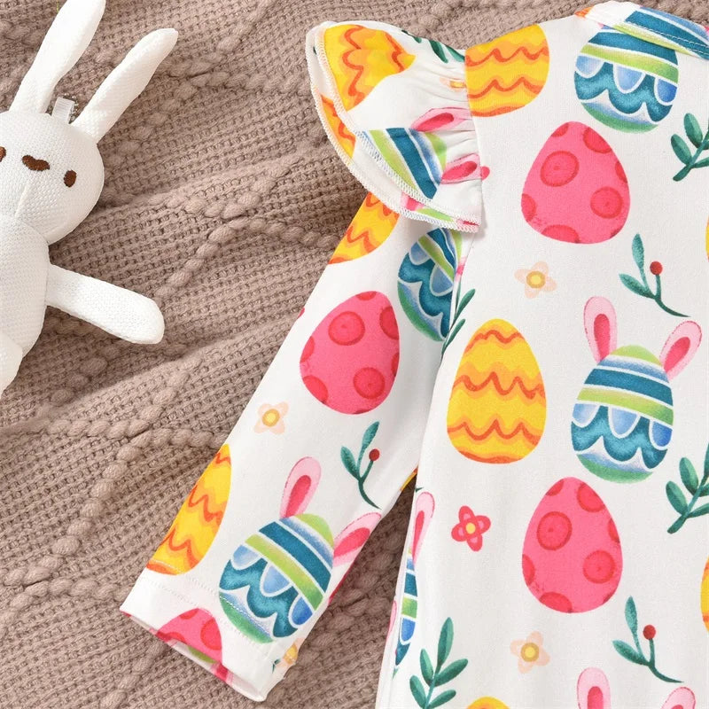 Newborn Baby Easter Jumpsuit - Long Sleeve Rabbit Egg Print Romper with Headband