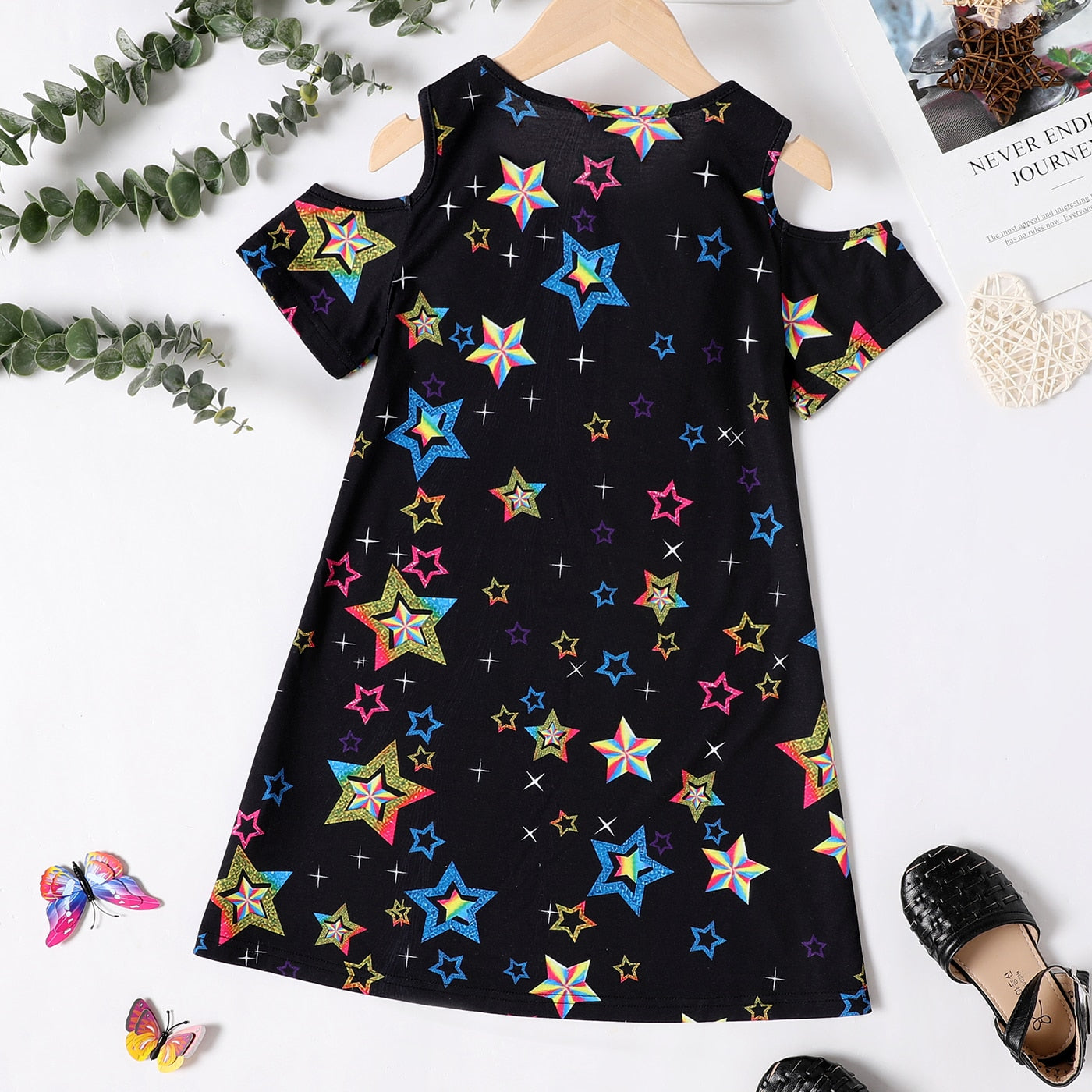 Children's, Girl's  Unicorn Stars Print Cold Shoulder Short-sleeve Dress