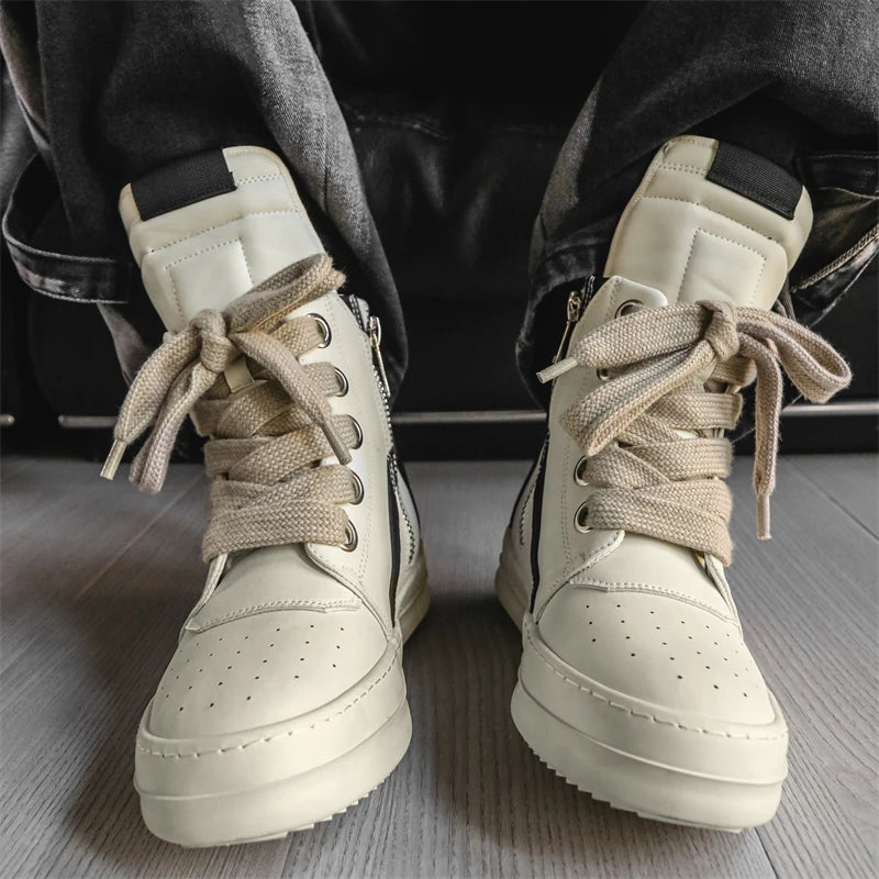 Men's High-Top Leather Sneakers - Lace-Up Ankle Boots