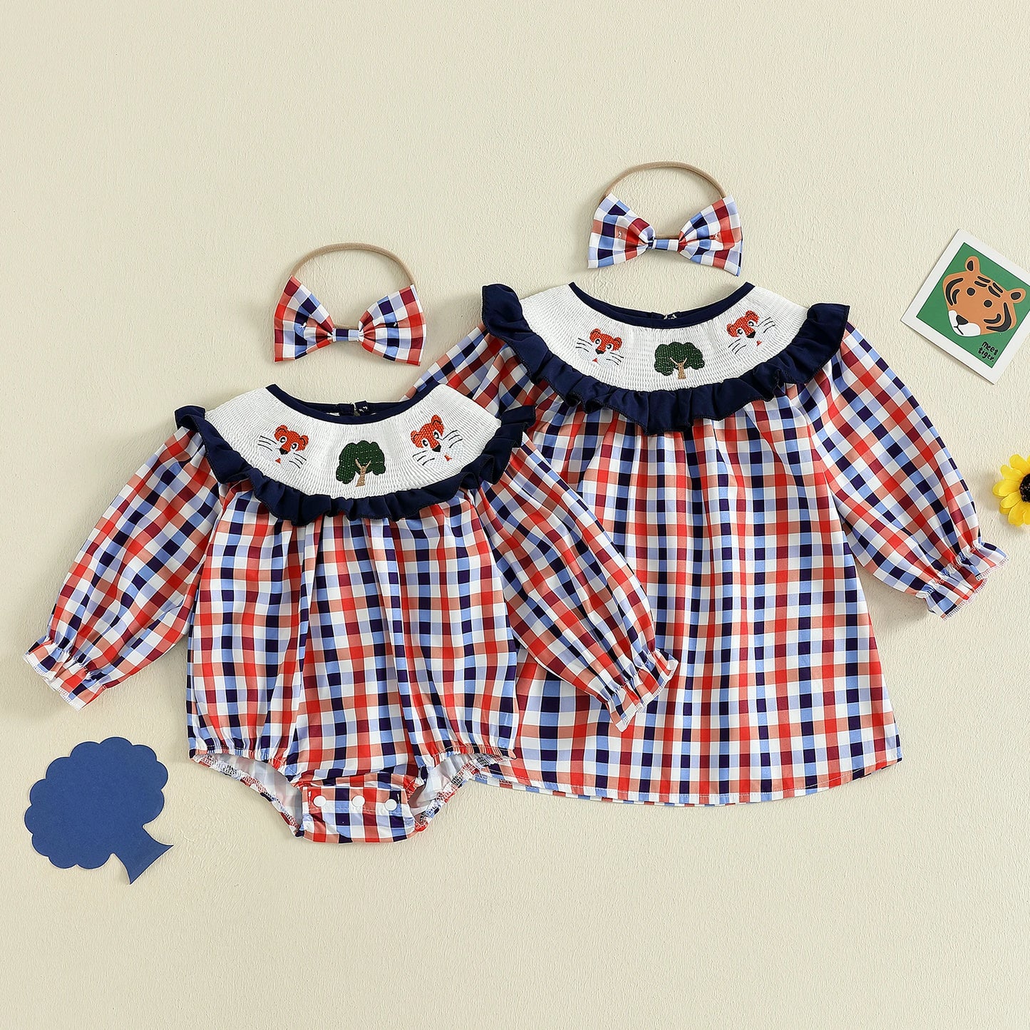 Toddler Baby Girls' Plaid Romper Dress - Animal Embroidery Smocked Jumpsuit with Headband