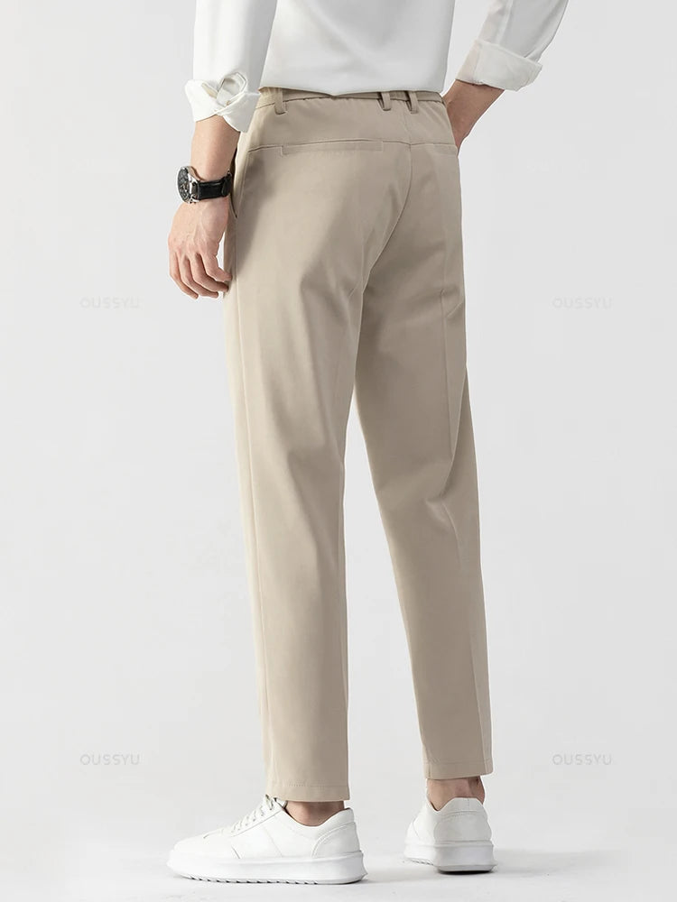 Men's Ankle-Length Straight Leg Trousers | Elastic Waist | Sash Detail | Midweight | All Season | Smart Casual