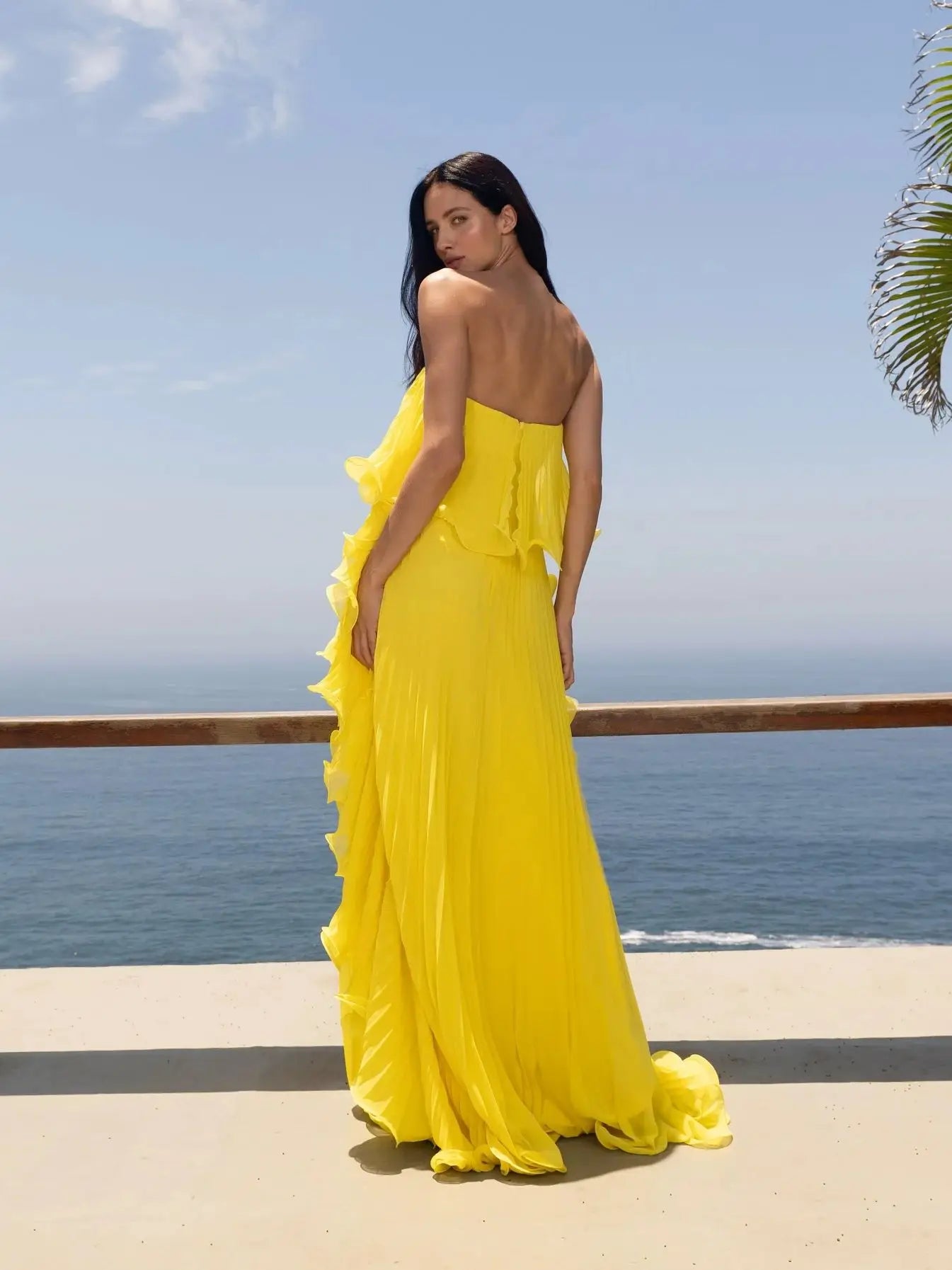 Pleated Wrap Maxi Dress - Off-Shoulder Cape Gown