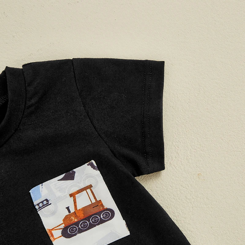 0-4Y Kids Boys Clothes Set Short Sleeve Excavators Print Pocket T Shirts Tops and Shorts Set