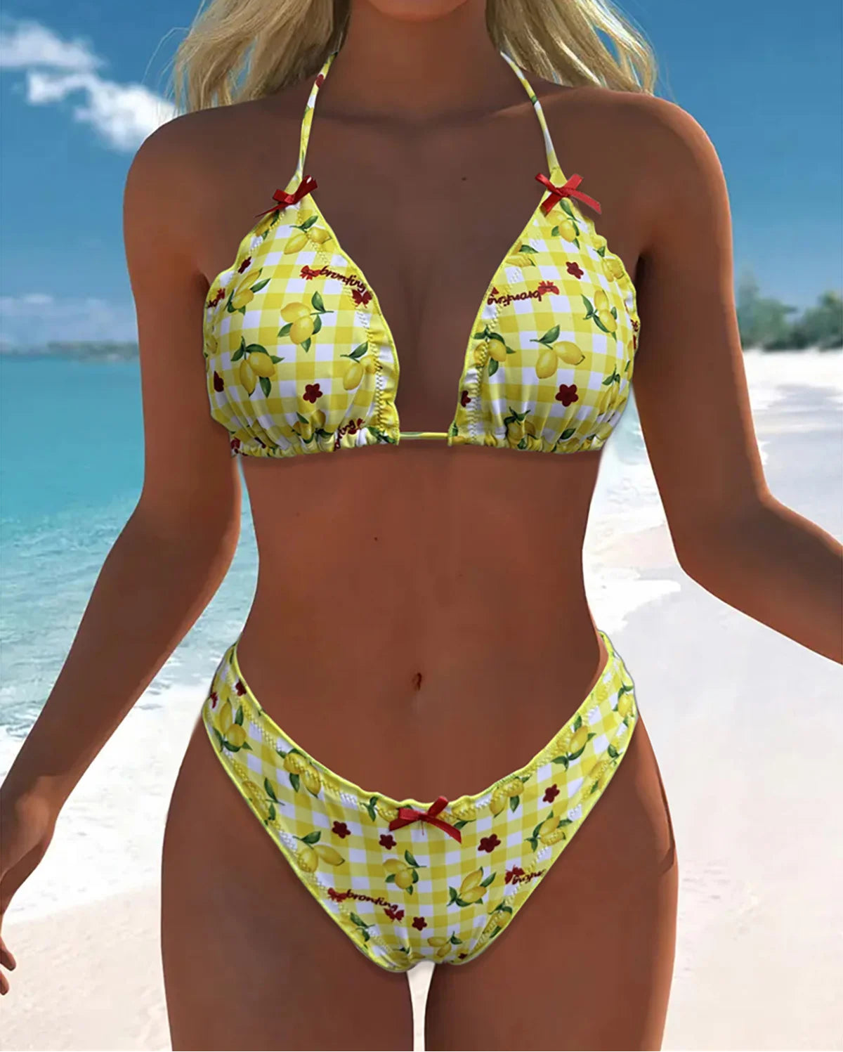 Lemon Print Halter Bikini Set