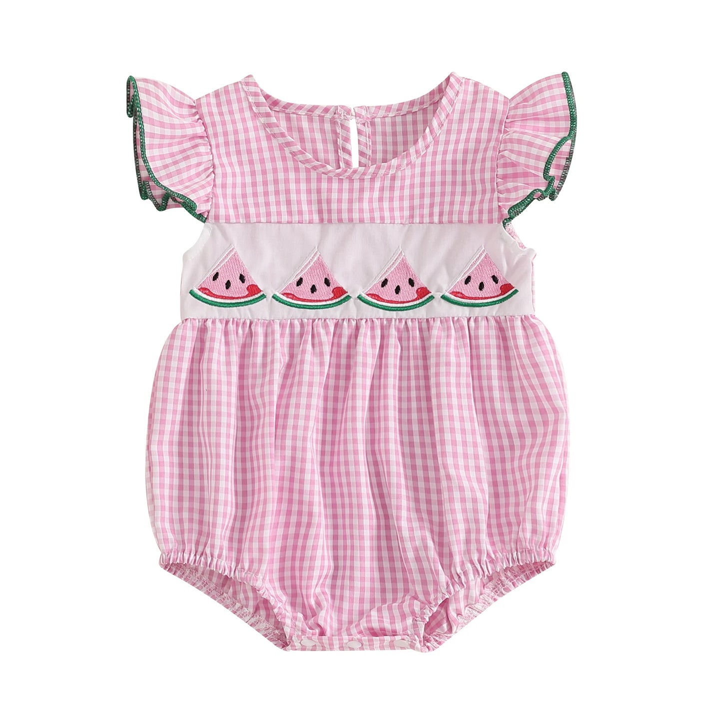 Baby Fruit Embroidery Romper - Ruffles Fly Sleeves Plaid Print Jumpsuit (0-18M)
