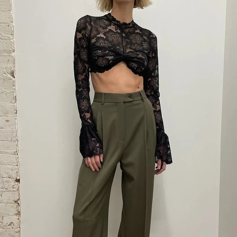 Women's Lace Sheer Flare Sleeve Cropped Top