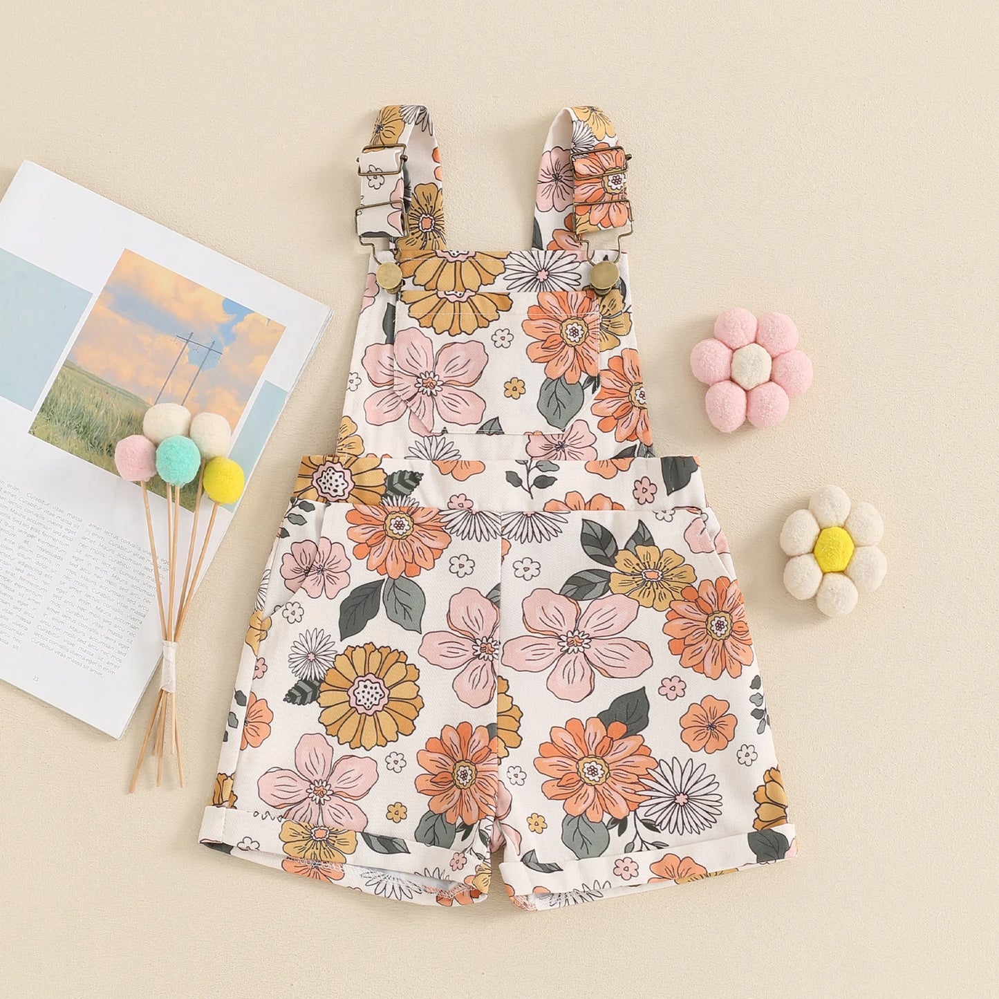 Kids Girls Overalls Shorts 0-6Y Sleeveless Straps Strawberry/Flower Print Denim Button Pocket Jumpsuit