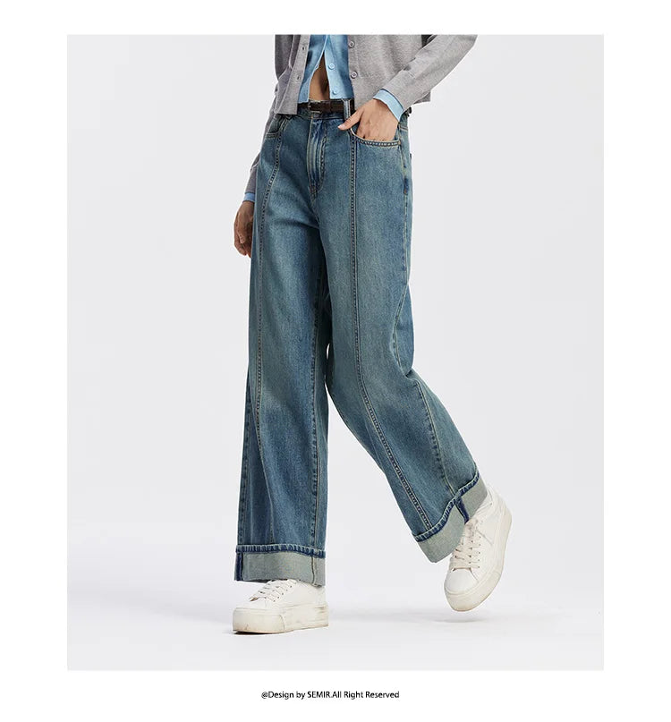Women's Rolled Hem Loose Wide Leg Long Trousers