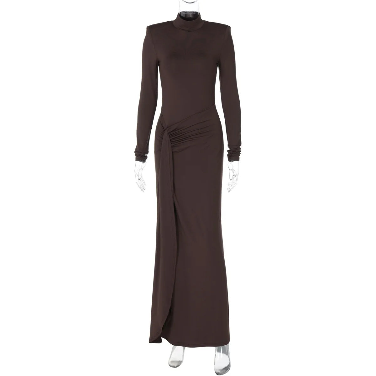 Women's Slit Long Turtleneck Bodycon Patchwork Elegant Ruched Gown Dress