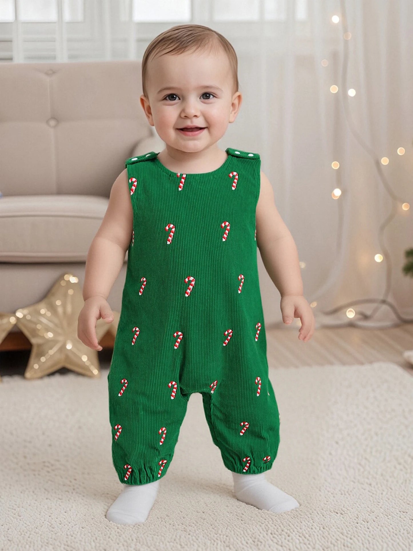 Newborn Baby Boys Christmas Romper - Sleeveless Round Neck Candy Cane Embroidery Jumpsuit