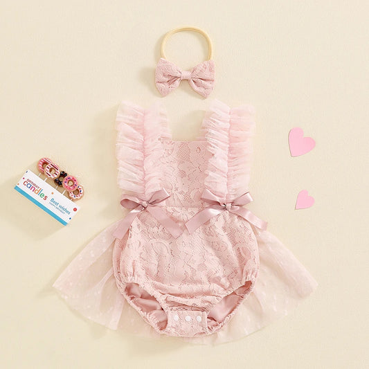 Baby Girls Princess Romper Dress with Hairband - Lace Flower Embroidery Tulle Jumpsuit