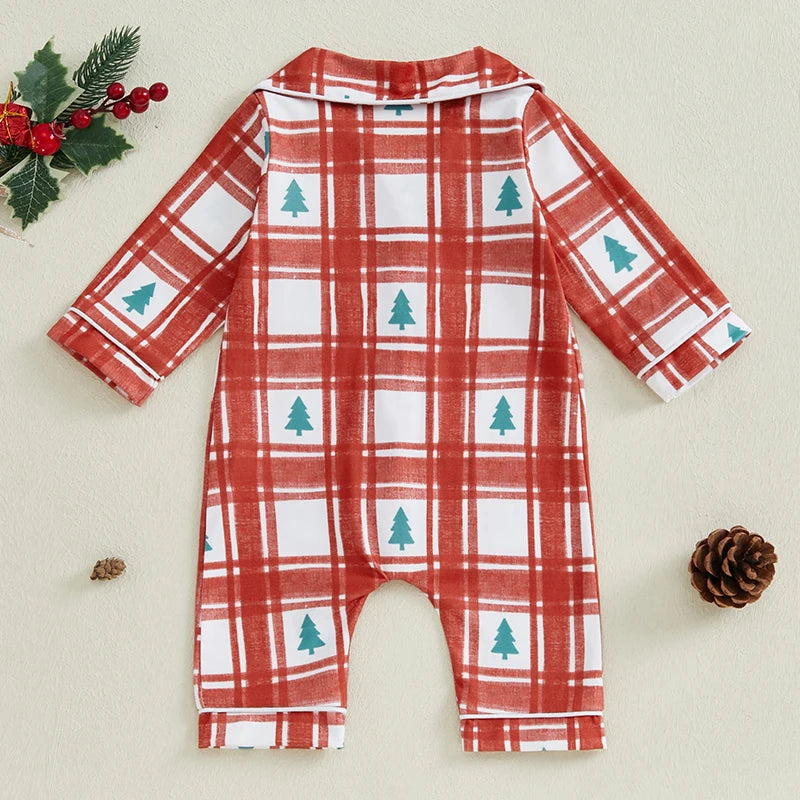 Christmas Pajama Romper - Baby Boys Girls Xmas Tree Plaid Jumpsuit