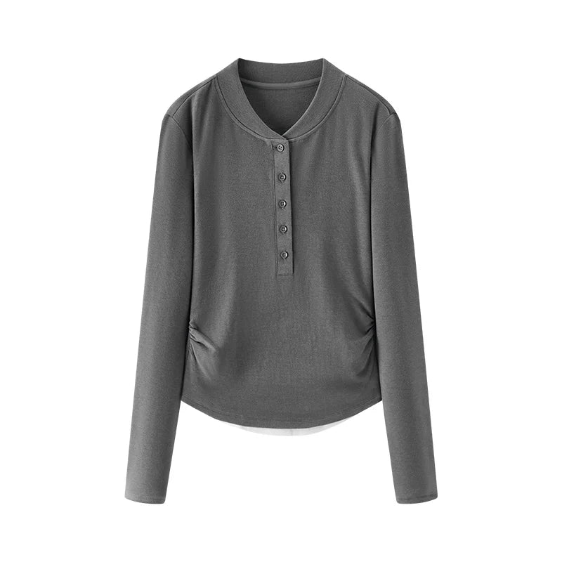 Long Sleeve Cropped Thermal Fleece Layered Henley Neck Slim Fit Top