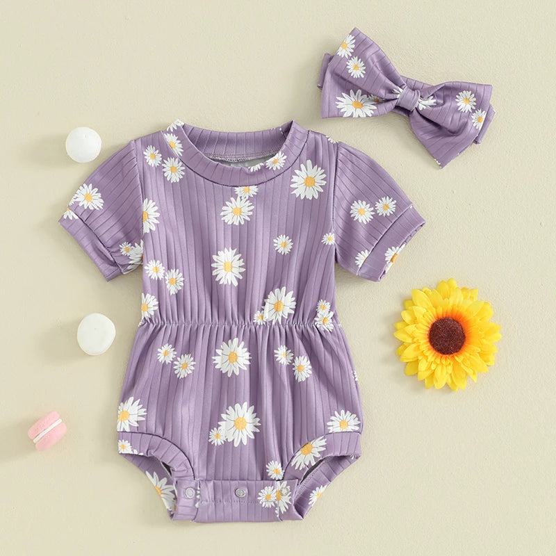 0-18M 2pcs Baby Romper Short Sleeve Sunflowers Print Elastic Waist Jumpsuits with Hairband