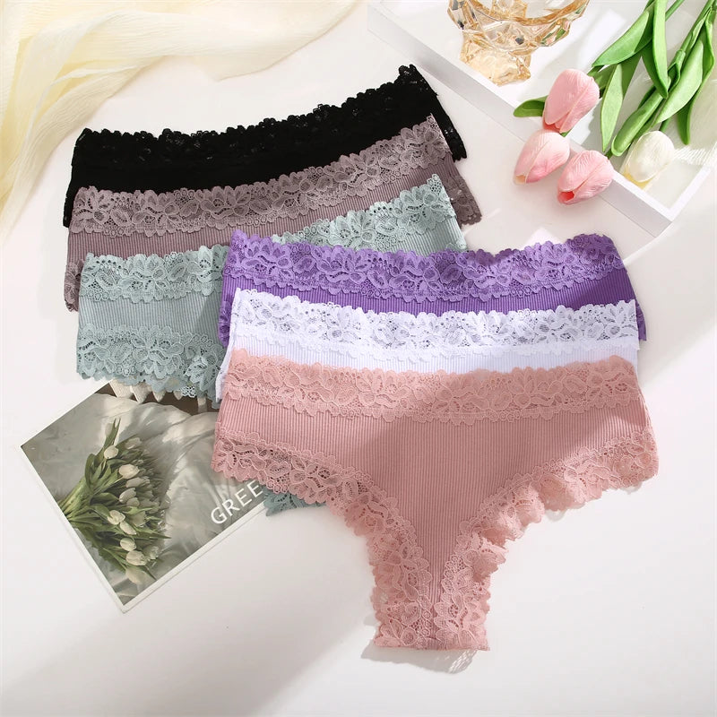 5PCS Women Cotton Lace Underwear Low Waist Briefs Breathable G-String Lingerie