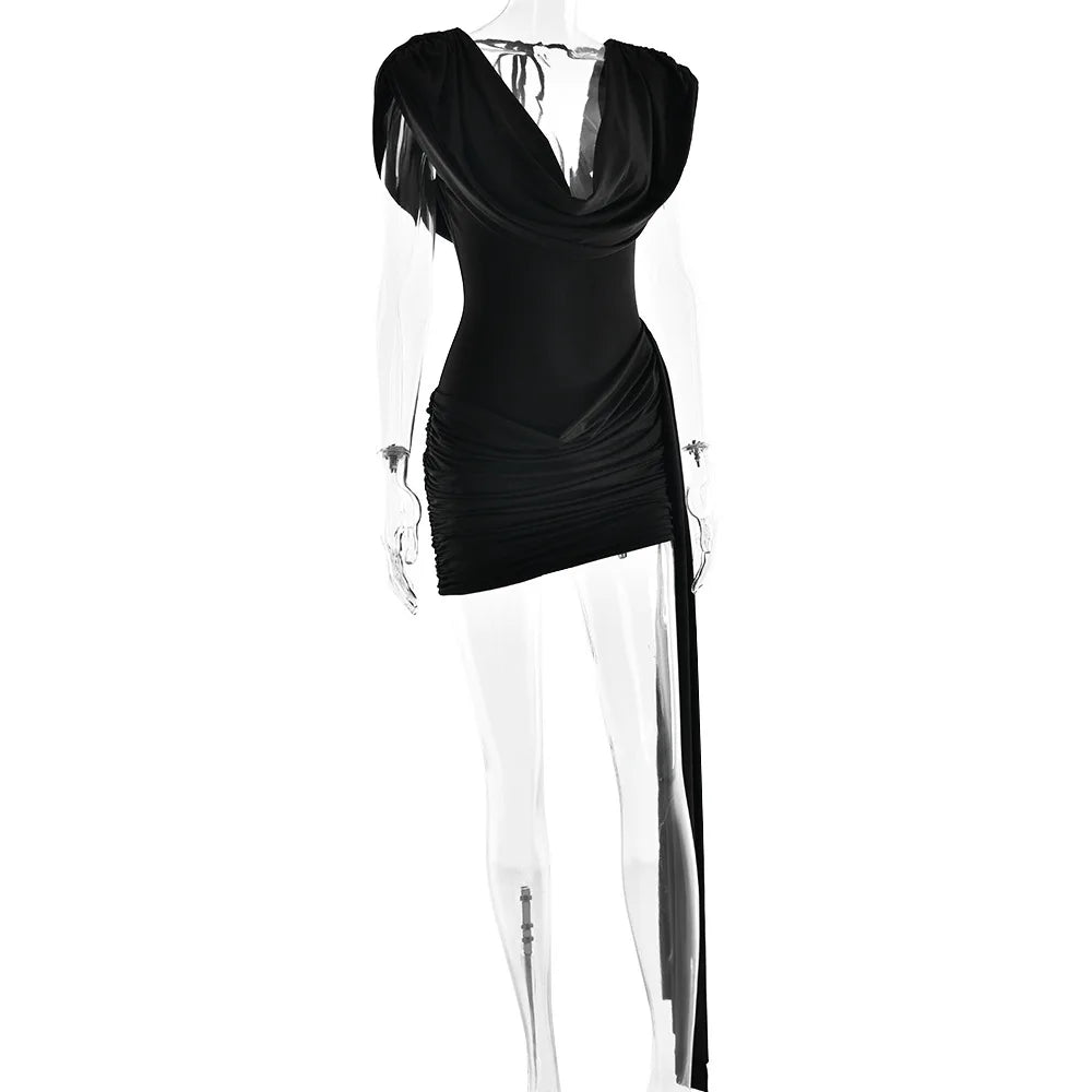Women's Elegant Ruched Draped V Neck Mini Dress - Sleeveless Bodycon