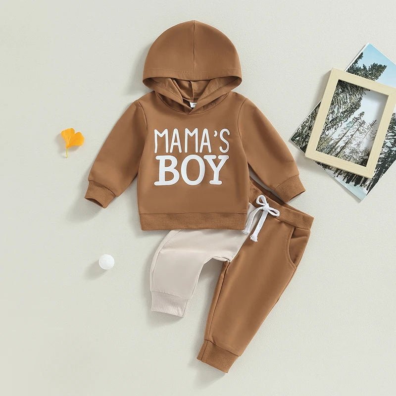 0-3Y Autumn Casual Kids Boys Clothes Set 2pcs Letter Print Hooded Pocket Top Colour Patchwork Long Pants