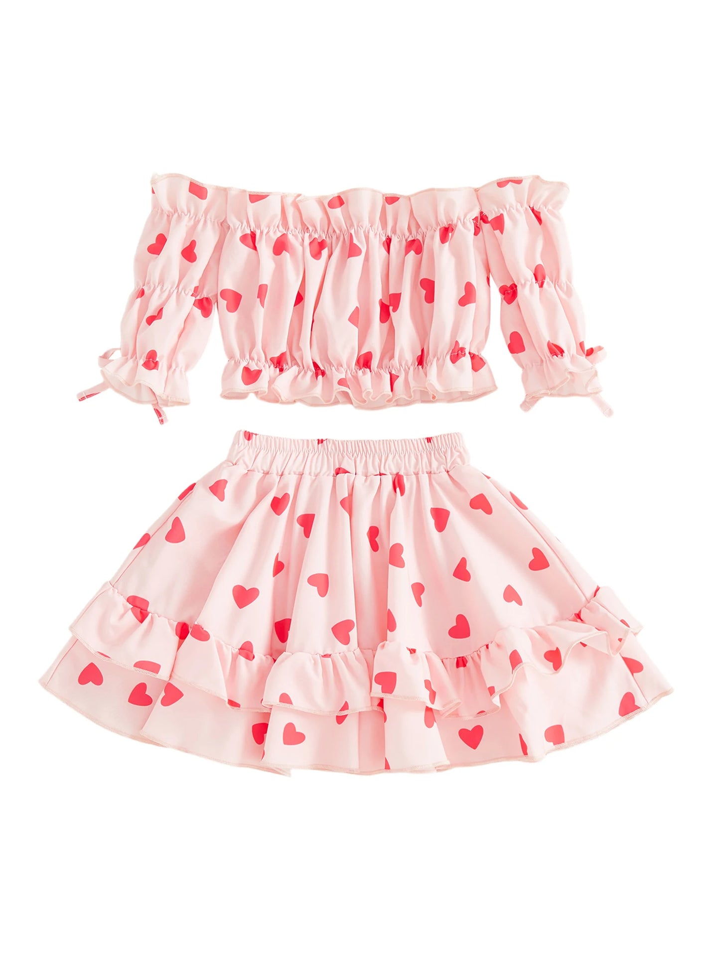 Valentine's Day Girls Outfit Set - Heart Print Off Shoulder Top & A-Line Skirt