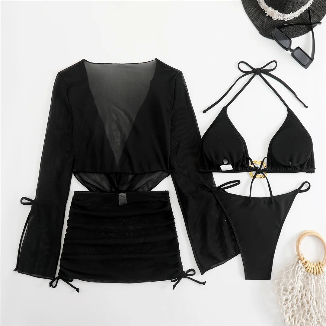 Women's Long Sleeve Cover Up Skirt Halter Bikini Swimsuit Swimwear Four-pieces Bikini Set
