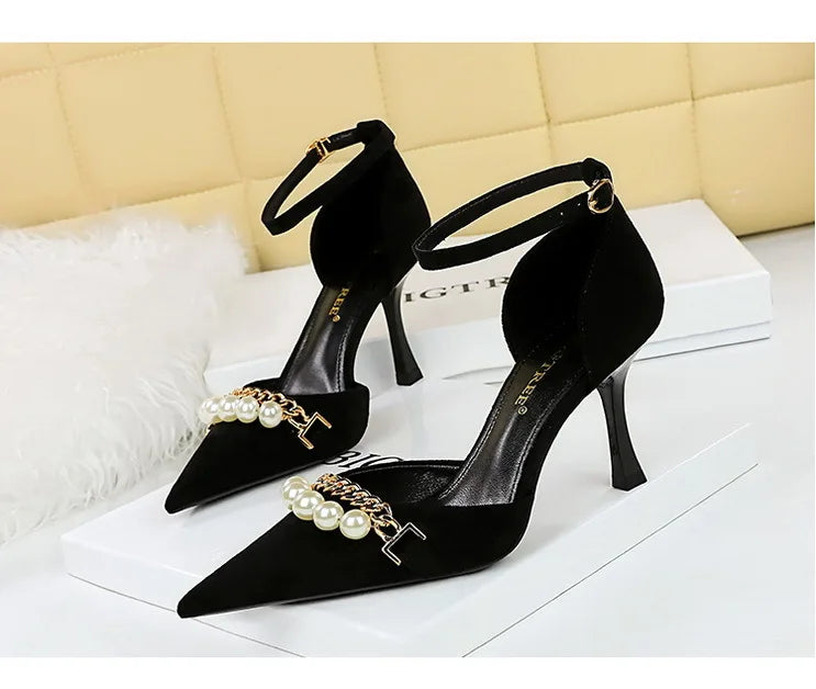 Women's Pearl Metal Chains Sandals Suede High Heels Shoes