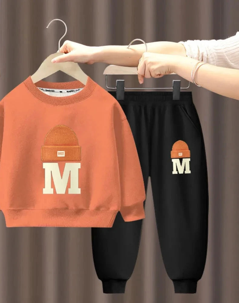 Children's Plush Letter Sweater Long sleeved Pants Two Piece Set