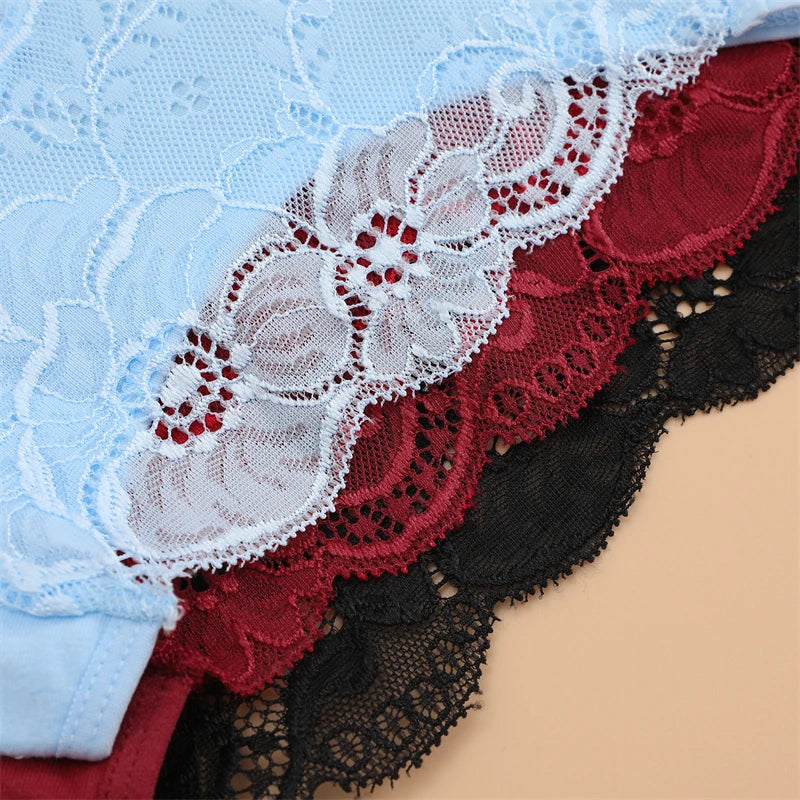 Women's 3PCS Lace Floral Underpants - Triple Belts Low-Waist Briefs Soft Lingerie