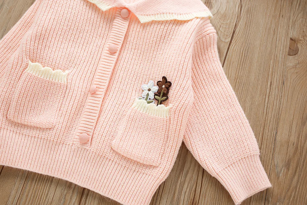 Girl's Clothes Collar Embroidery Flower Knit Cardigan Sweater and Short Skirt Two-piece Set