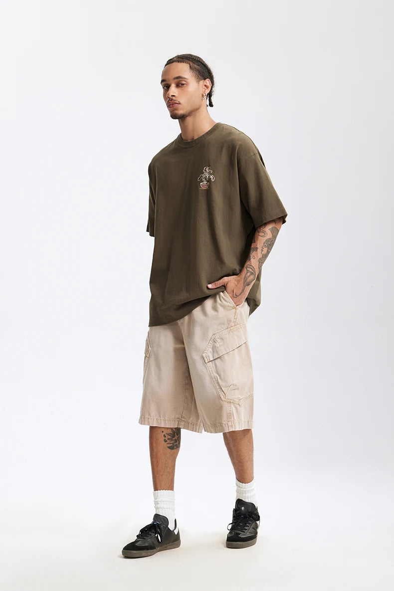 Men's 250G Green Plant Crack Print Retro Street Style Heavyweight Casual Short Sleeve T-Shirt