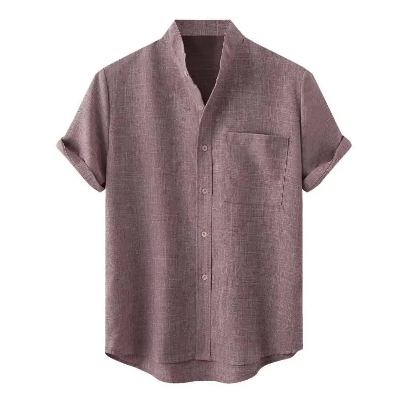 Men's Cotton Linen Short Sleeved Breathable  Stand Collar Single Breasted Shirt