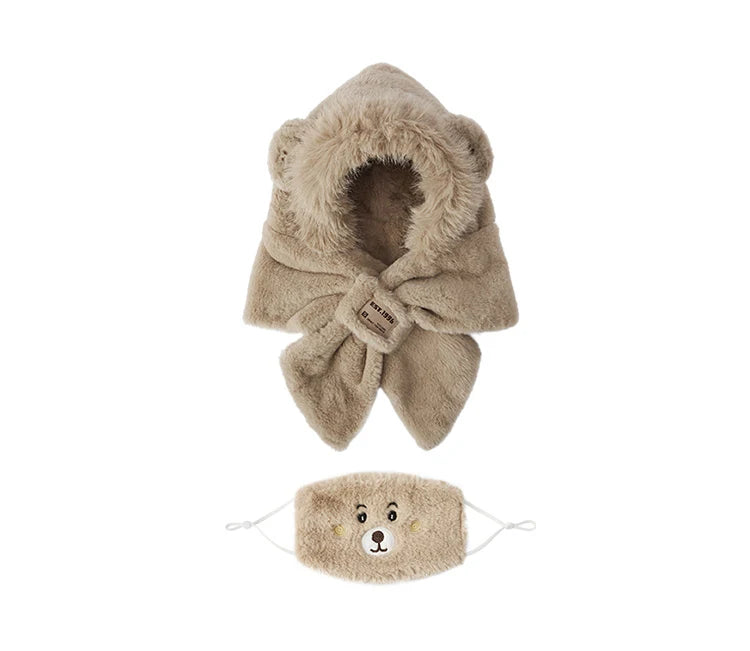 Cute Bear Hooded Scarf and Mask Set - Plush Warm Winter Accessory