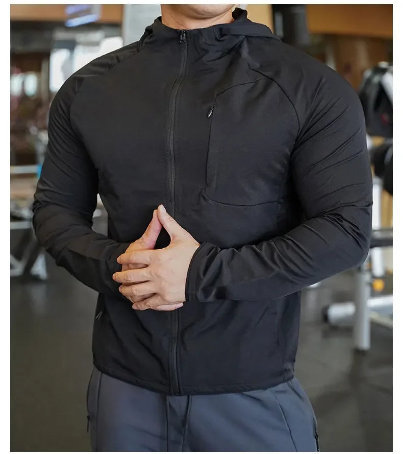 Men's Nylon Sport Coat Gym Fitness Hoodies Outdoor Workout Tops Hooded Training Running Zipped Jacket