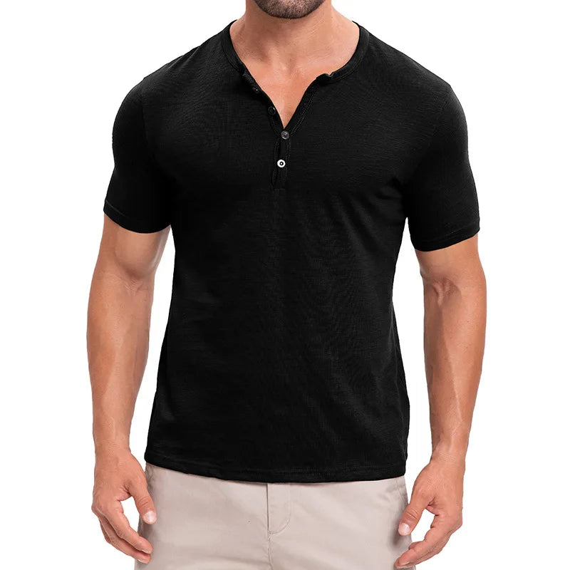 Men's Summer Henry Collar Short Sleeve Casual Pullover T-Shirt