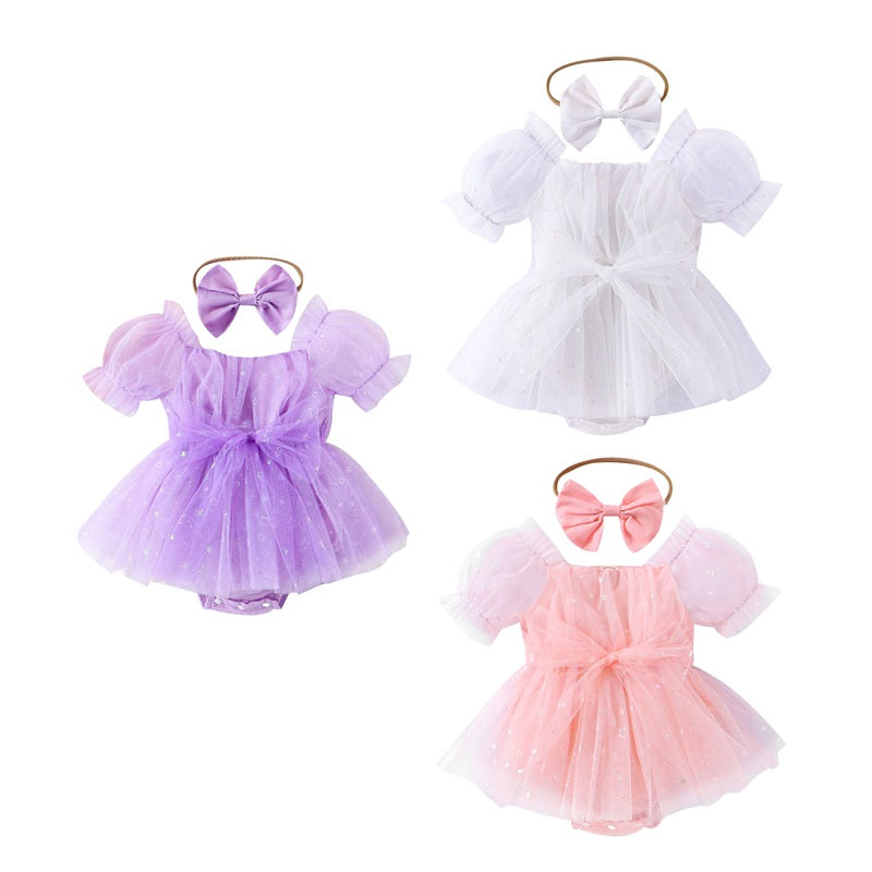 0-24M Princess Baby Girls Summer Romper Dress Short Sleeve Star Print Bowknot Tulle Patchwork Jumpsuits with Headband