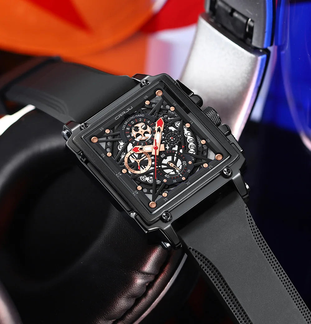 Men's Sports Watch - Large Dial Rectangular Design with Chronograph & Auto Date