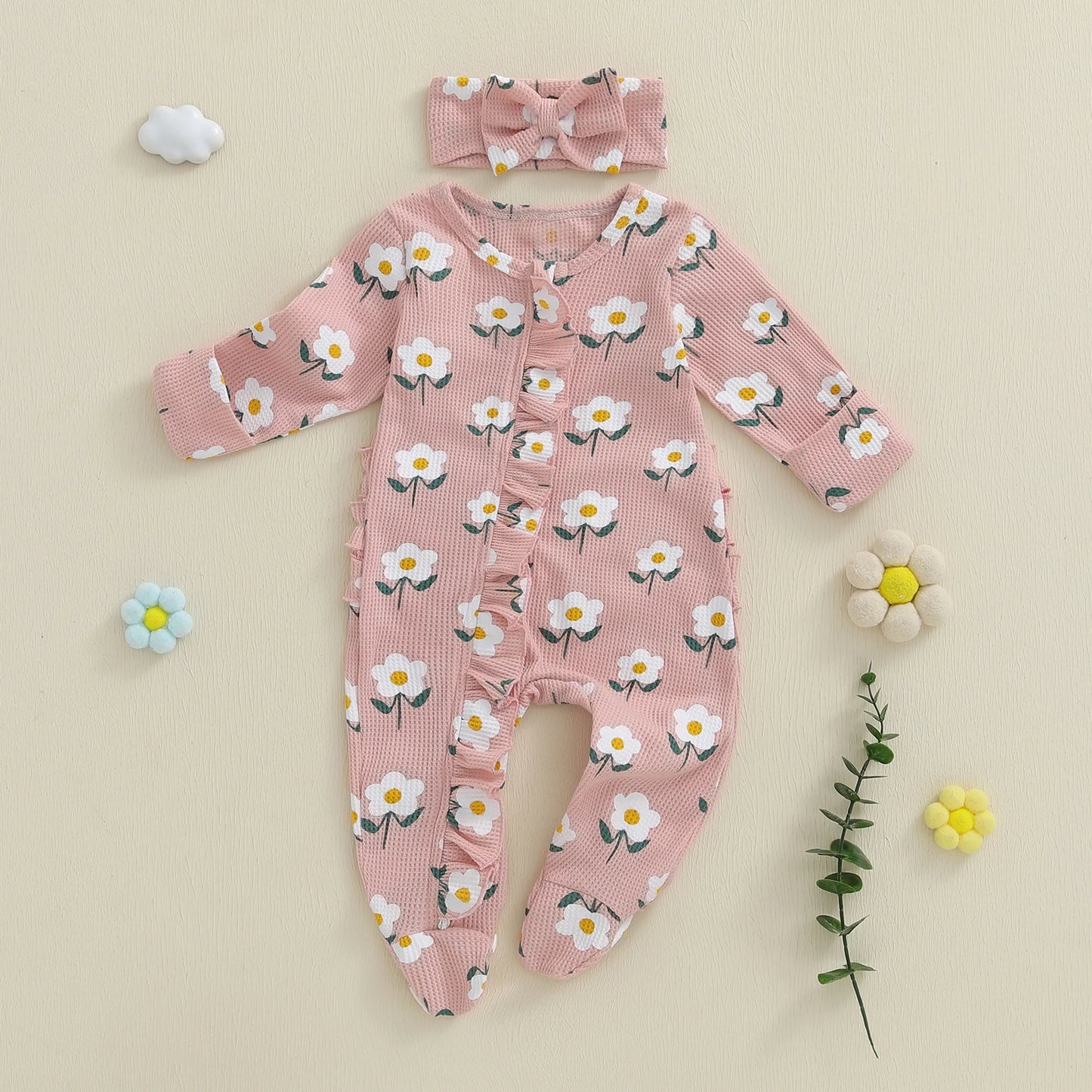 Lovely Newborn Baby Floral Print Romper with Headband (0-12M)