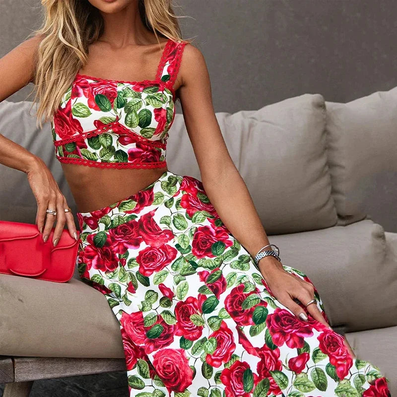 Two Piece Set - Women Elegant Chic Rose Printed Strap Square Neck Sleeveless Backless Top Loose Long Skirt Set