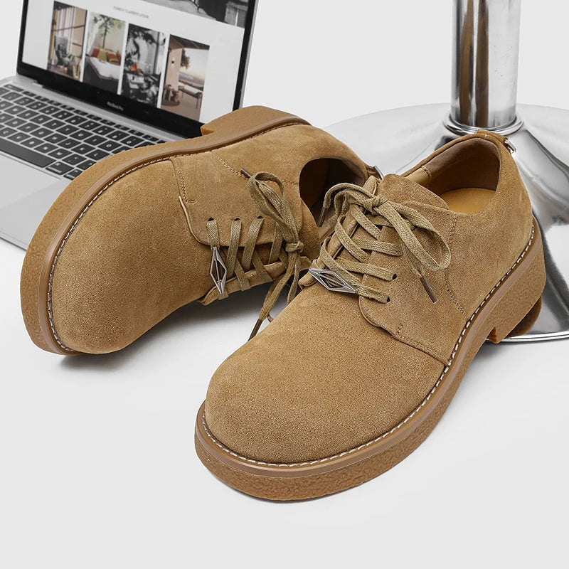 Men's Suede Leather Platform Work Shoes - Lace-Up Business Sneakers
