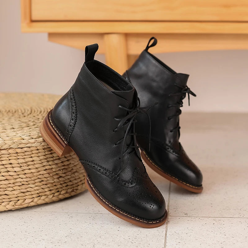 Women's Round Toe Low Heels Cross-Tied Genuine Leather Platform Ankle Boots