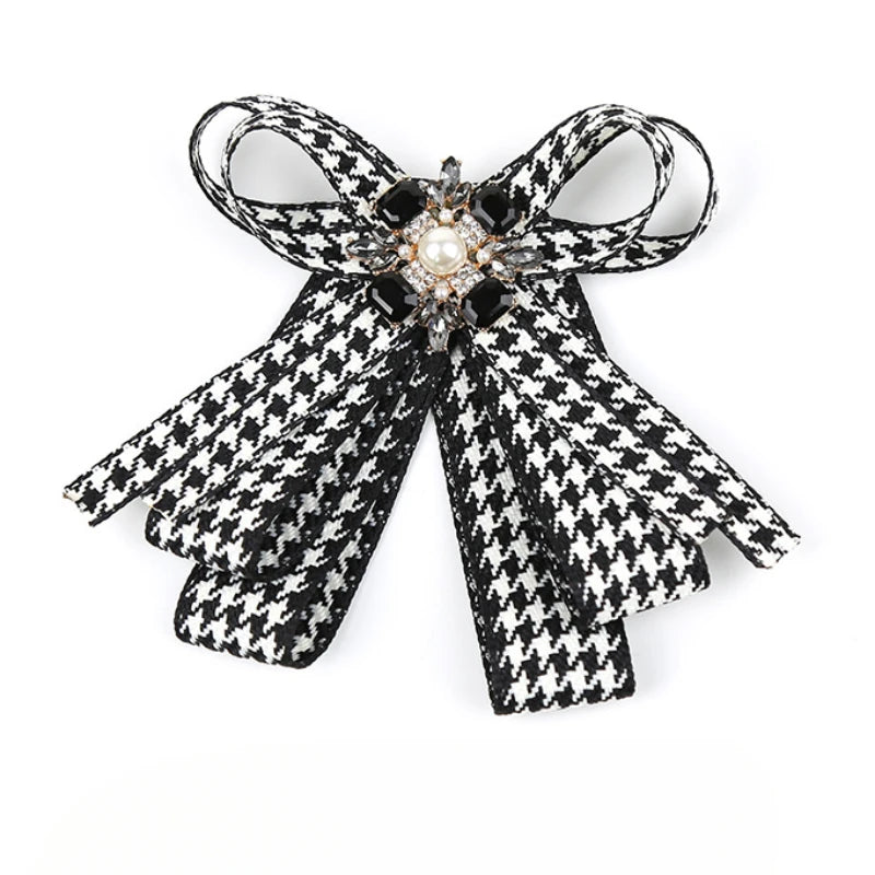 Houndstooth Ribbon Bow Brooch with Pearl