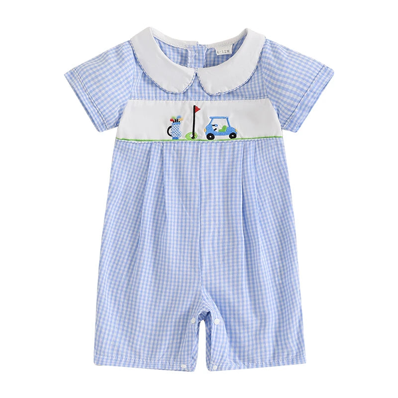 Baby Boys Romper - Doll Collar Golf Embroidery Plaid Jumpsuit
