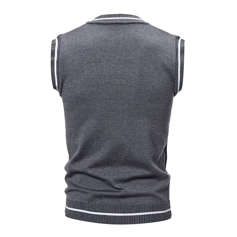 Men's V-Neck Knit Vest - Slim Fit Sleeveless Patchwork Sweater Vest for Autumn Winter
